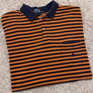 Rare 90s Vintage Polo Ralph Lauren Polo Shirt | Orange/Navy Stripe | Large
